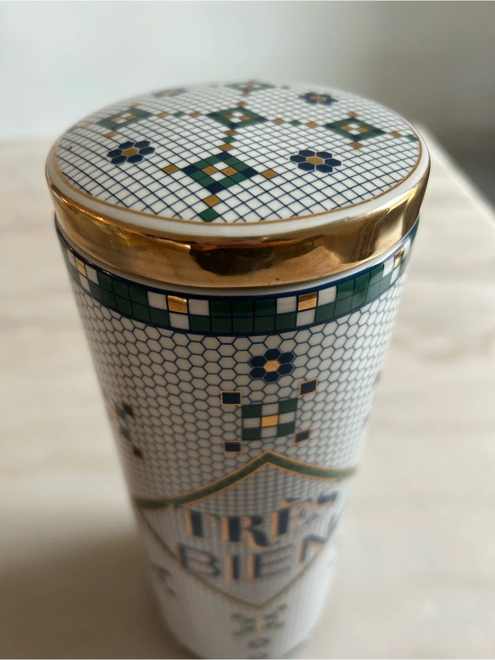 Anthropologie Mosaic 'Trés Bien' French Bistro Tile Canister Jar with Gold Lid